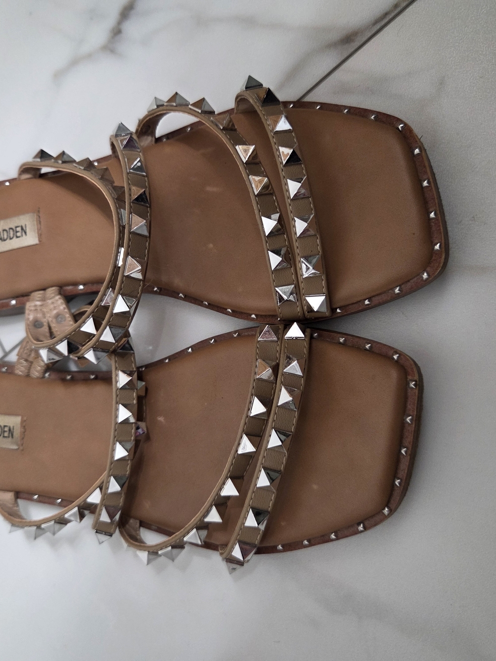 Steve Madden Metallic Pyramid Stud Slide Sandals in Taupe